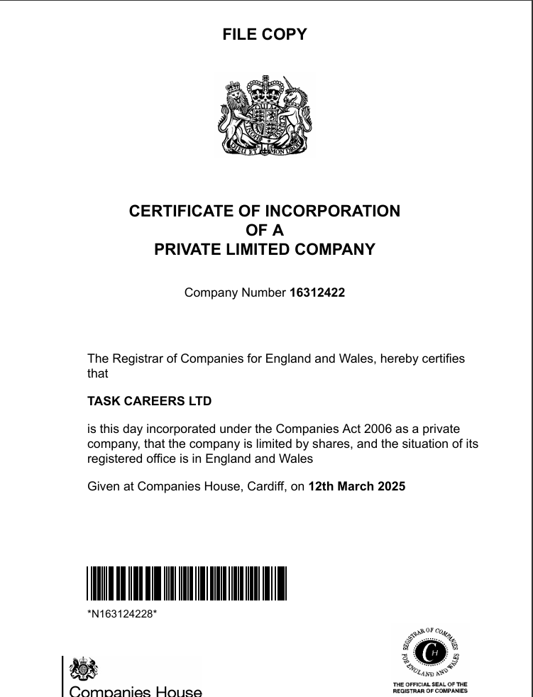 UK Certificate of Incorporation - Task Careers Ltd